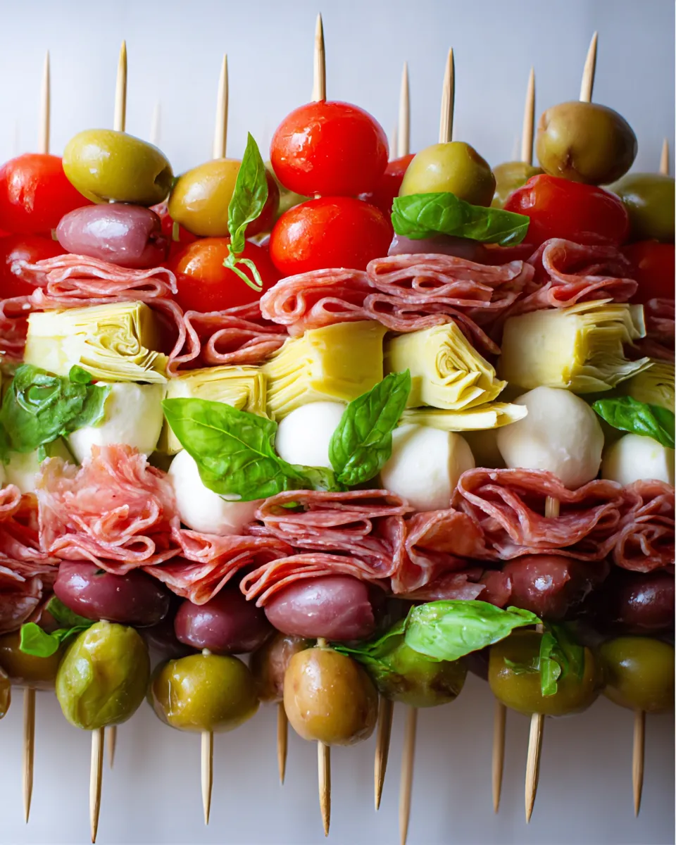 salaheddineb_httpss.mj.runrGXEfvOBoe8__Close-up_food_photogra_e3c6546c-9adf-4891-b528-61f19f69a720_2_result Overhead close-up of colorful antipasto skewers lined up, layered with cherry tomatoes, green olives, Kalamata olives, folded salami, artichoke hearts, mozzarella balls, and fresh basil.