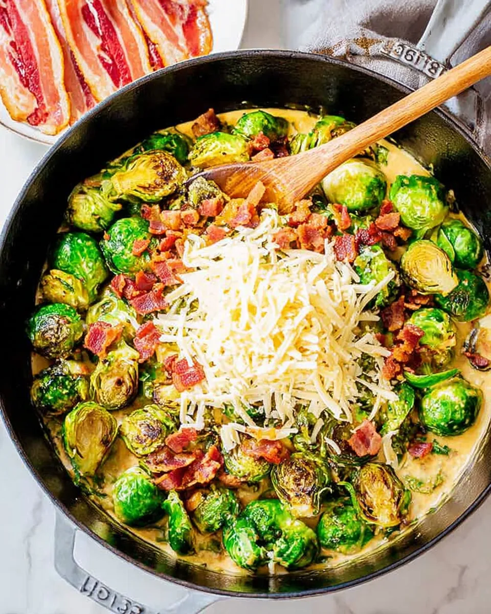Creamy Brussels Sprouts in the oven Overhead flat lay of a cast iron skillet filled with creamy Brussels sprouts, featuring a large mound of shredded mozzarella cheese and chopped bacon bits piled in the center before baking. A plate of cooked bacon strips sits in the background.