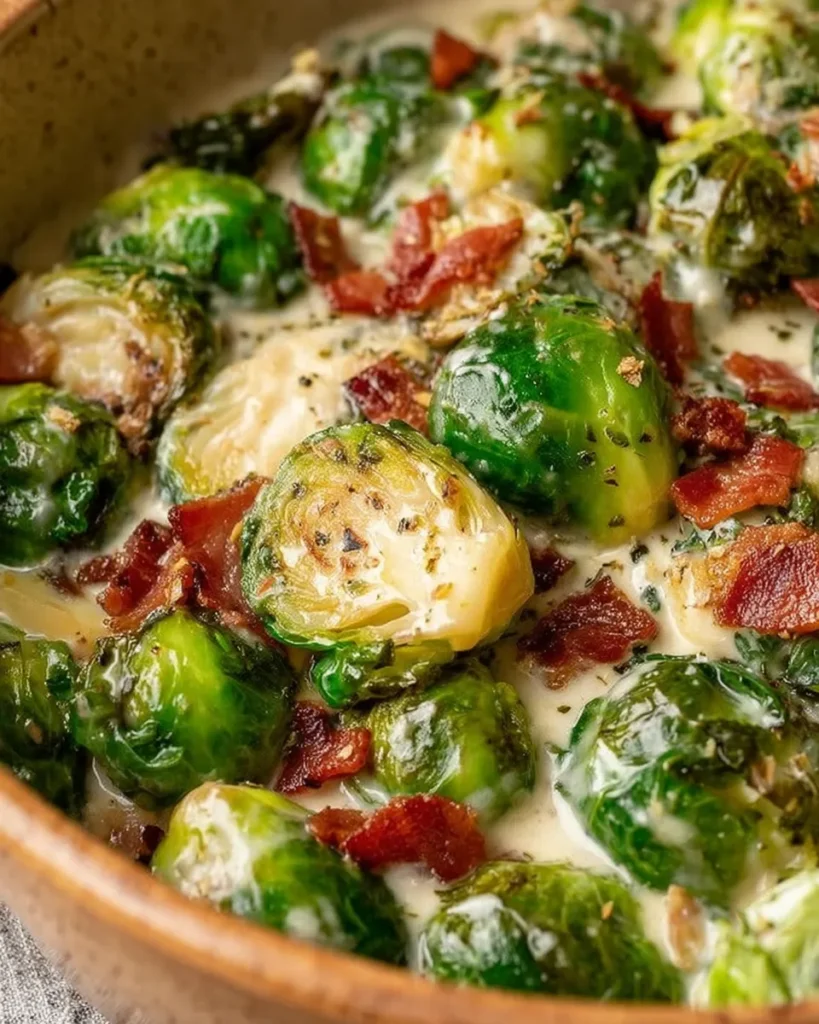 Extreme close-up of creamy Brussels sprouts with bacon in a ceramic dish, showcasing the glossy white sauce, tender green sprouts, and crispy bacon bits sprinkled throughout.