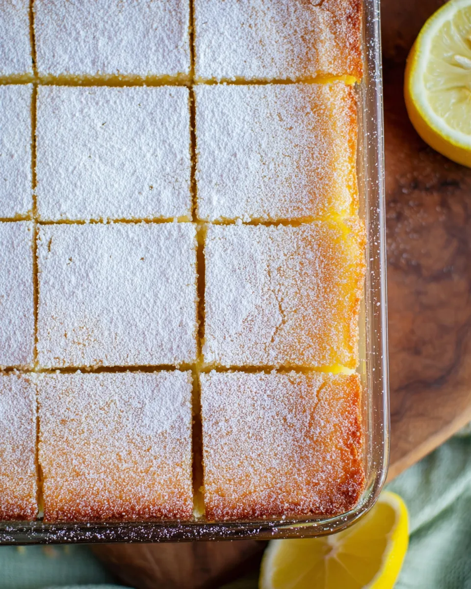 caramelized edges and fresh lemon halves on the side Overhead view of baked lemon bars in a glass pan cut into neat squares and dusted with powdered sugar, featuring golden brown caramelized edges and fresh lemon halves on the side.