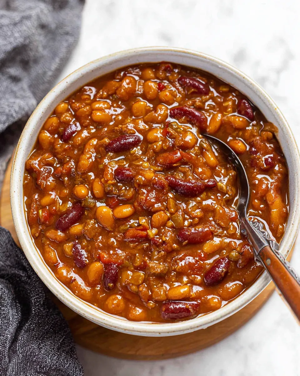 Close-up overhead shot of a white bowl filled with hearty cowboy beans, featuring kidney beans, ground beef, and bacon in a thick BBQ sauce with a spoon resting in the dish.
