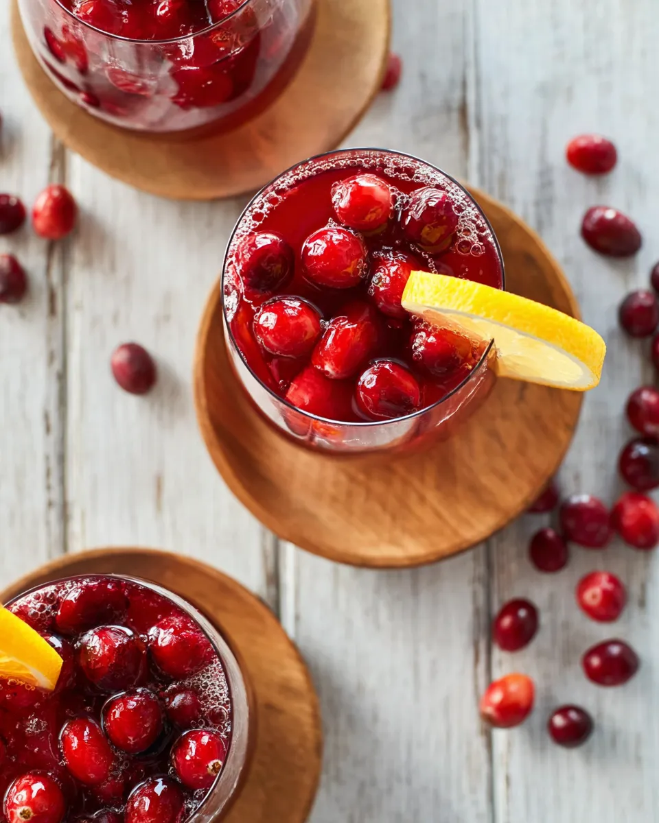An overhead, flat-lay photo of three glasses filled with a bubbly, deep red Christmas punch. Each glass is packed with fresh cranberries and garnished with a bright lemon slice, set on wooden coasters on a white, rustic wooden surface.