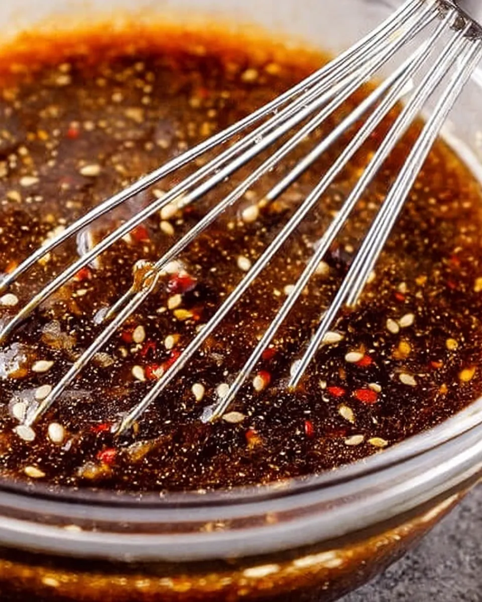 Korean BBQ sauce Close-up of a metal whisk mixing a dark, savory Korean BBQ sauce in a clear glass bowl. Visible sesame seeds and red chili flakes float in the glossy soy-based marinade.