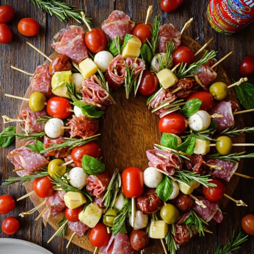 An overhead shot of a festive Christmas antipasto wreath on a round wooden cutting board, made of skewers with cherry tomatoes, mozzarella balls, cheese cubes, salami, and olives, and garnished with fresh rosemary.
