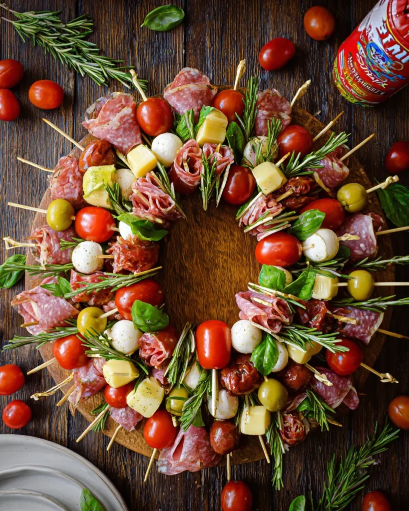 An overhead shot of a festive Christmas antipasto wreath on a round wooden cutting board, made of skewers with cherry tomatoes, mozzarella balls, cheese cubes, salami, and olives, and garnished with fresh rosemary.