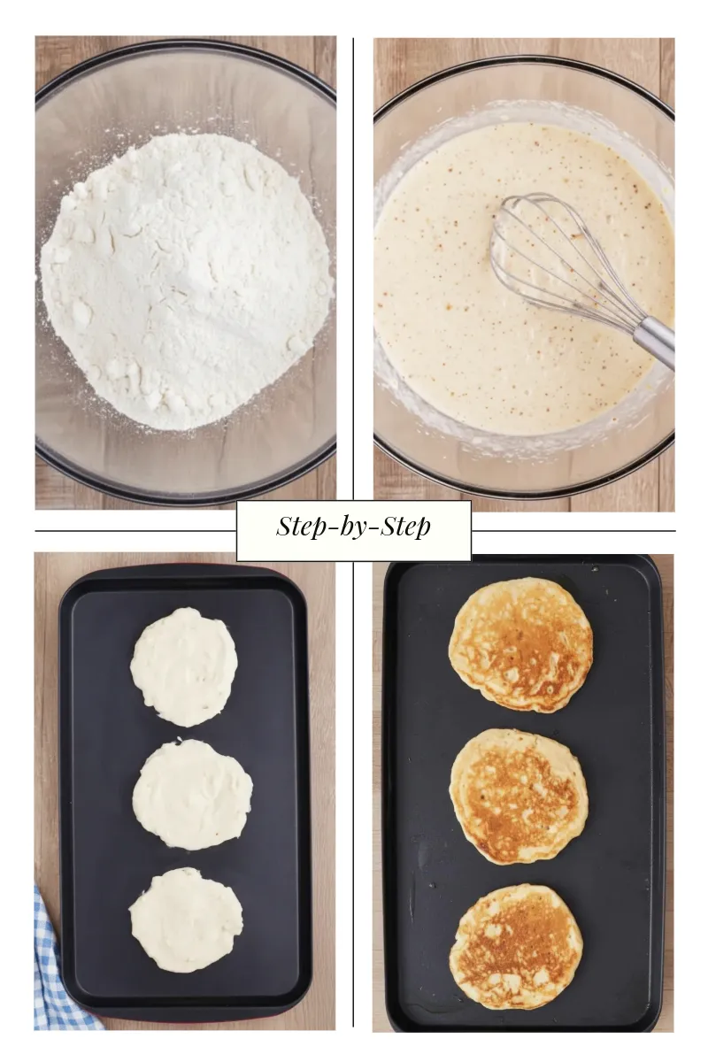 Step-by-step process pancakes cooking Step-by-step process collage showing dry ingredients in a bowl, whisked vanilla cinnamon batter with speckles, pancakes cooking on a hot griddle, and finished golden brown pancakes after flipping.