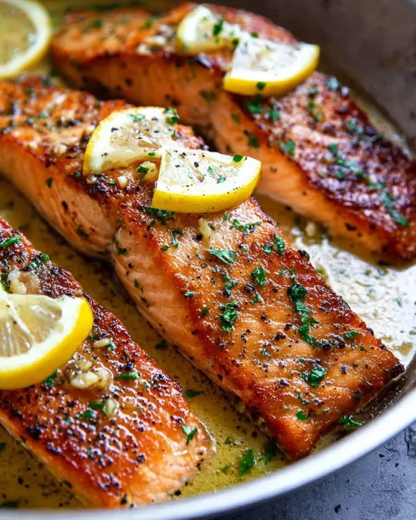 Close-up of three golden-brown pan-seared salmon fillets in a stainless steel skillet, topped with fresh lemon slices and chopped parsley, simmering in a glossy garlic butter sauce.