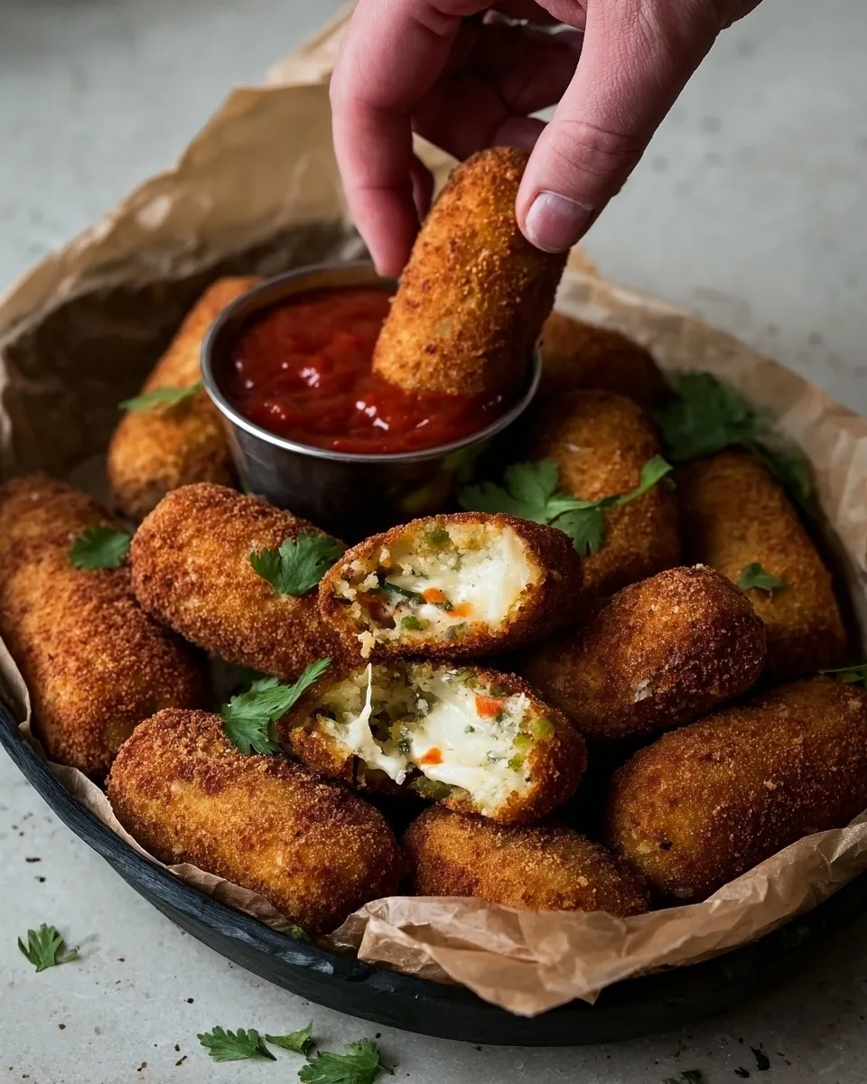 crispy golden mashed potato croquette A hand dipping a crispy golden mashed potato croquette into a cup of red sauce, with a platter of croquettes and one broken open to reveal a cheesy vegetable filling.