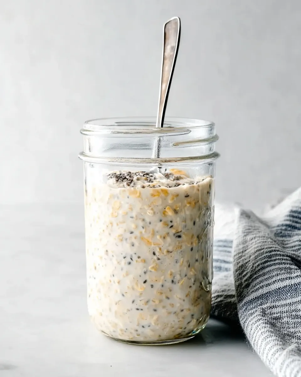 creamy basic overnight oats and chia seeds A close-up of a mason jar filled with creamy basic overnight oats and chia seeds, with a silver spoon resting inside and a blue and white striped kitchen towel on the side.