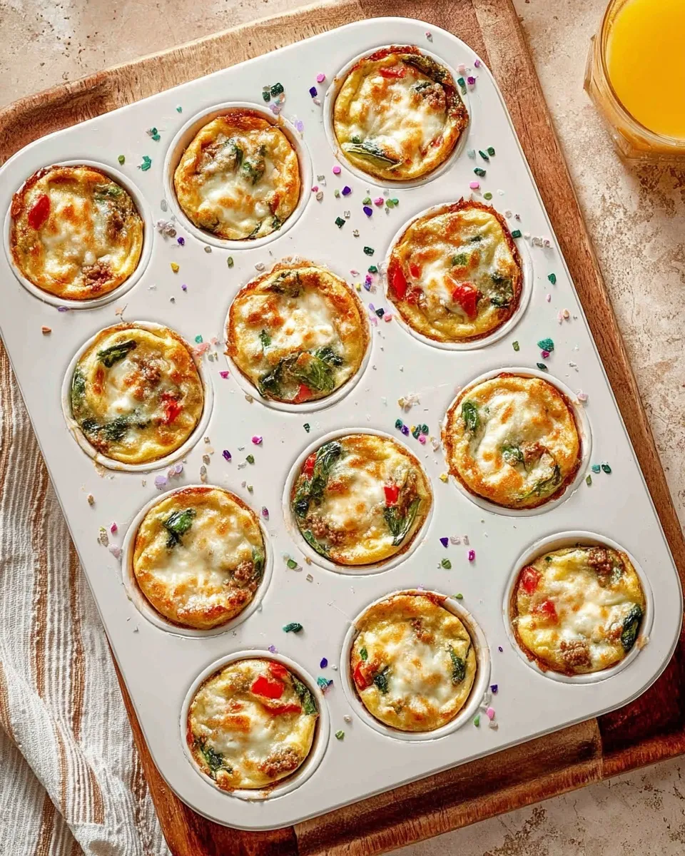 Fresh out of the oven and golden brown Top-down view of a white 12-cup muffin pan filled with freshly baked high-protein egg muffin cups featuring spinach, red peppers, and sausage, placed on a wooden board next to a glass of orange juice.