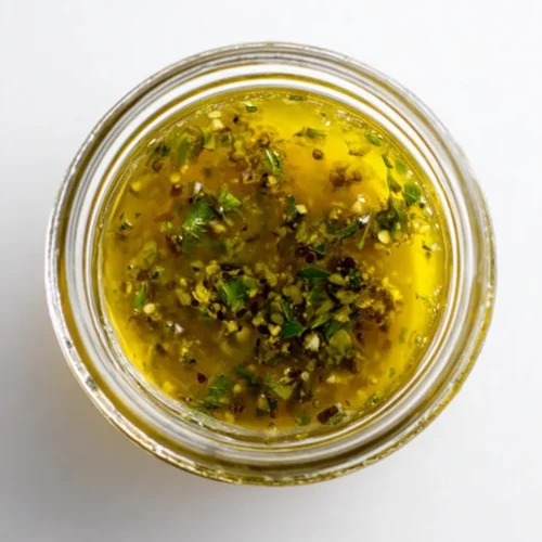 Overhead view of an open mason jar filled with golden dried herb vinaigrette, showing visible flecks of dried basil, oregano, and parsley suspended in the oil.
