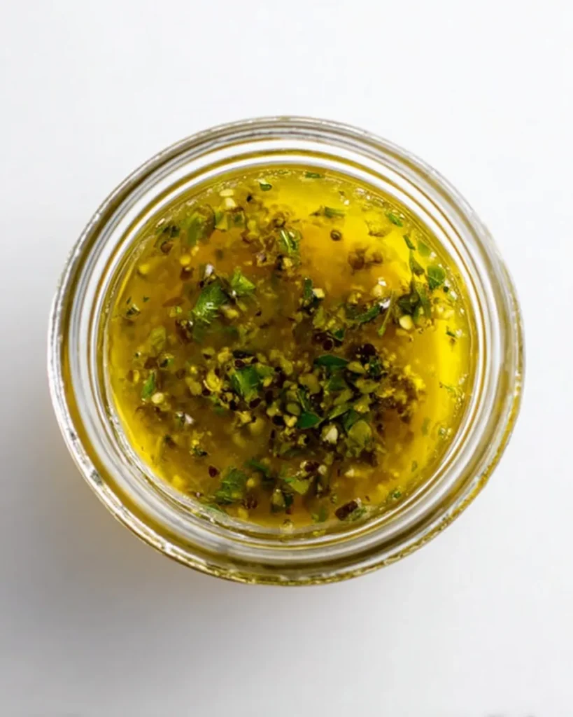Overhead view of an open mason jar filled with golden dried herb vinaigrette, showing visible flecks of dried basil, oregano, and parsley suspended in the oil.