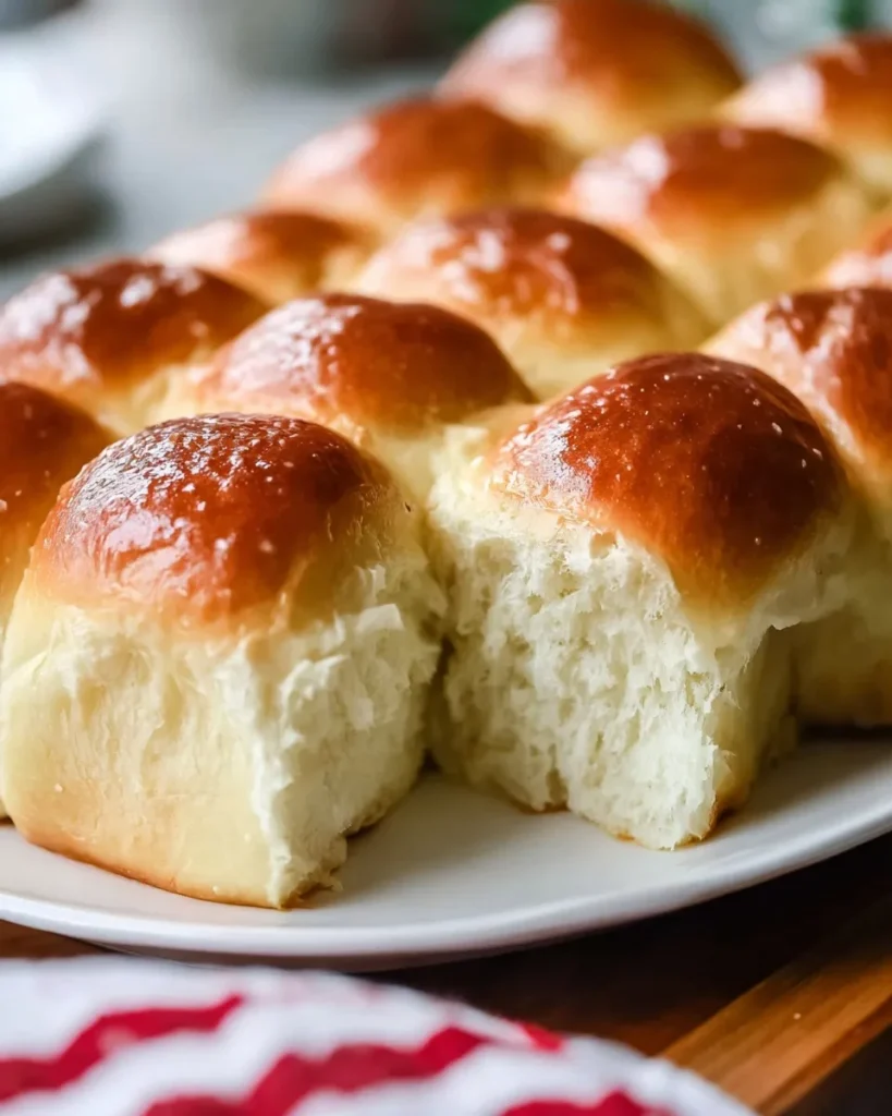 Close-up of baked small batch yeasted rolls on a white plate, showing the soft, fluffy white interior of a pulled-apart roll and glossy golden tops.