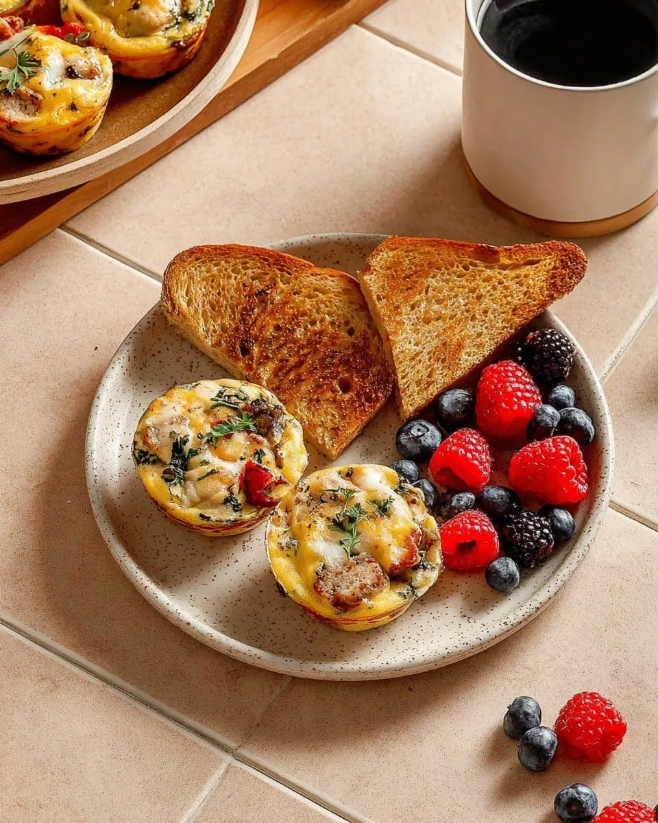 High-Protein Egg Muffin Cups with some crunchy toast and fresh berries Overhead view of a balanced breakfast plate featuring two high-protein egg muffin cups, triangular slices of toasted bread, and a side of fresh raspberries and blueberries, accompanied by a mug of black coffee