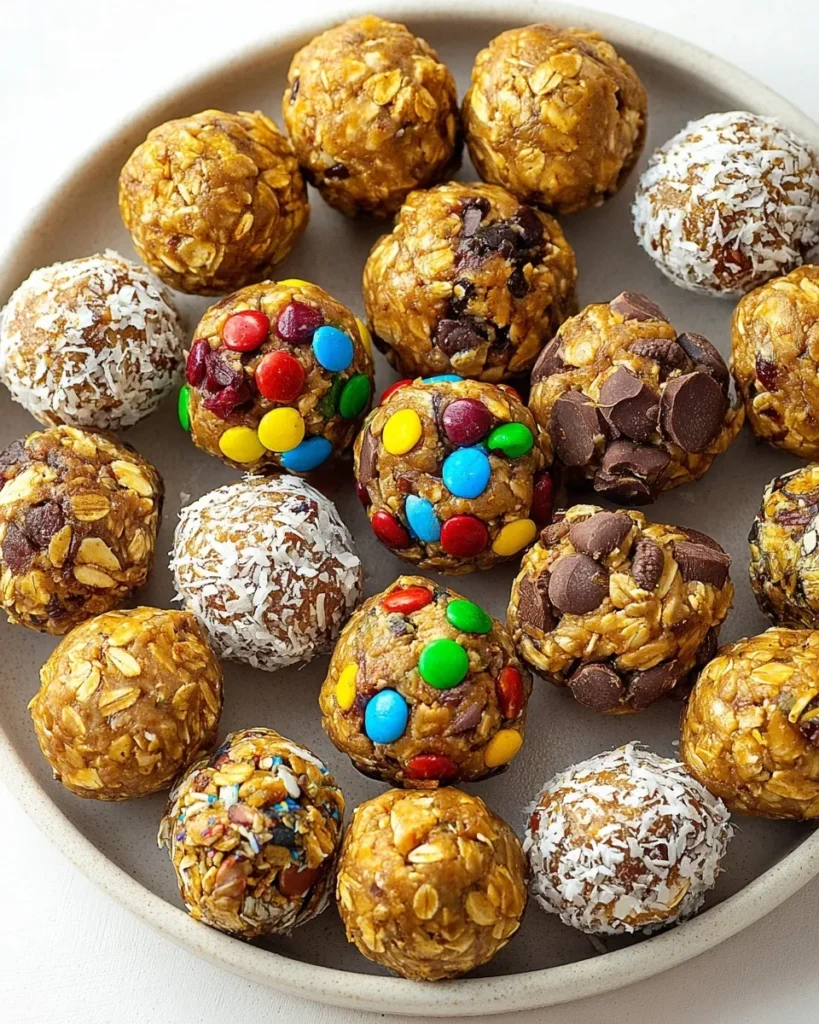 Top-down view of a plate filled with assorted no-bake energy bites, including variations with colorful candies, shredded coconut, and chocolate chips.