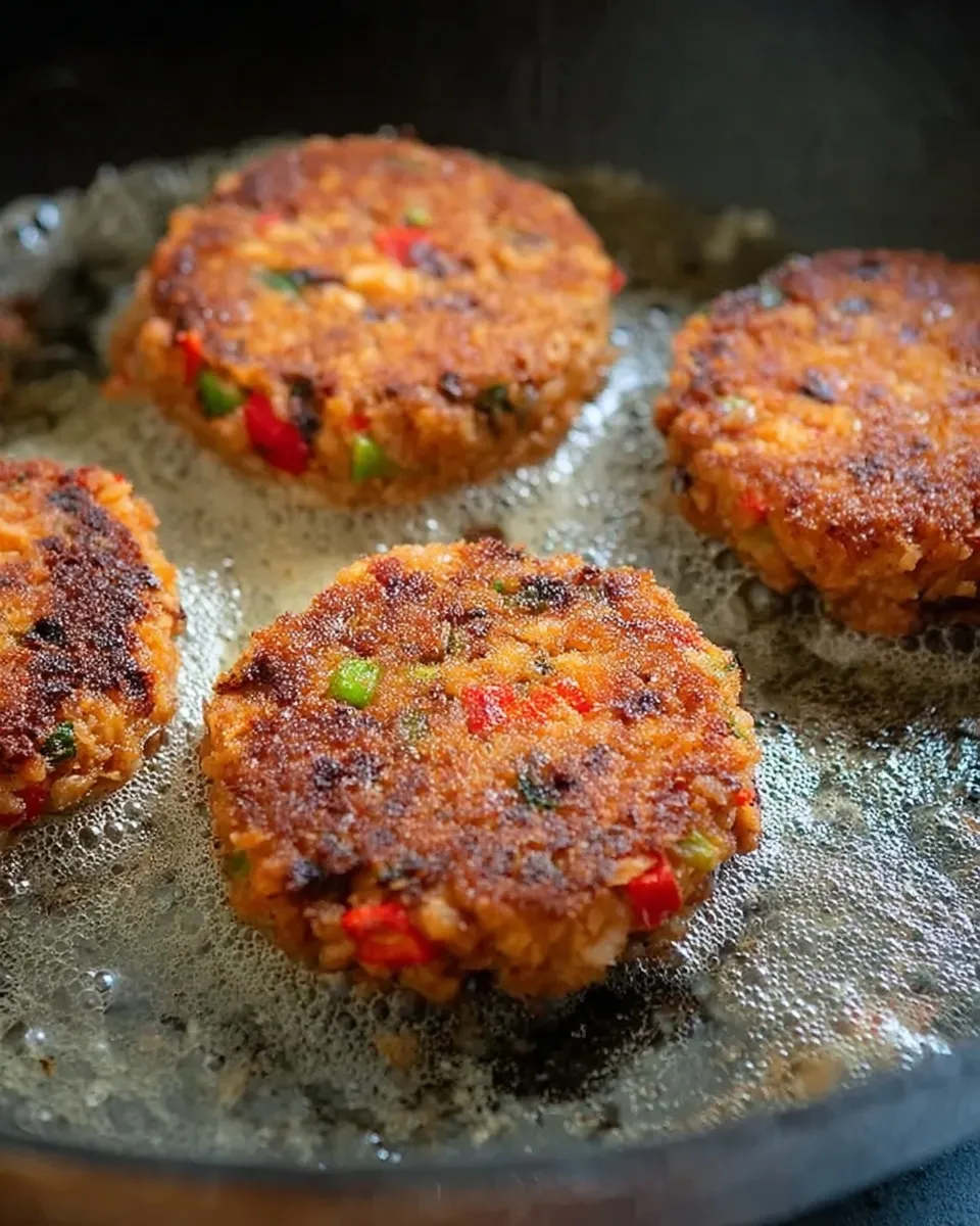 Golden brown spicy salmon cakes sizzling in a hot skillet with visible red and green peppers.