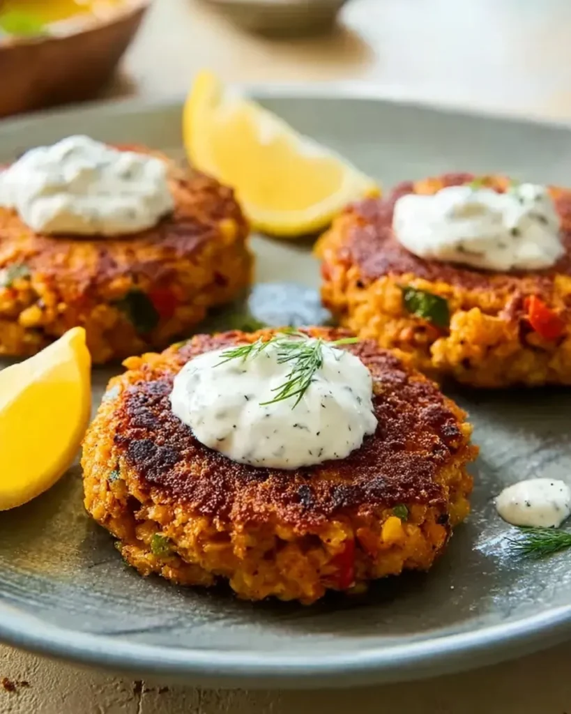 Three crispy spicy canned salmon cakes served on a grey plate, topped with creamy yogurt dill sauce and fresh dill, accompanied by fresh lemon wedges.