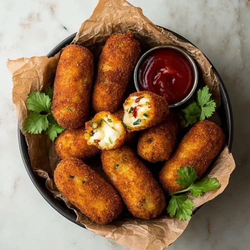 Top-down view of a bowl filled with golden fried mashed potato croquettes, featuring one split open to reveal a creamy cheesy vegetable filling, garnished with cilantro and served with a side of red dipping sauce.