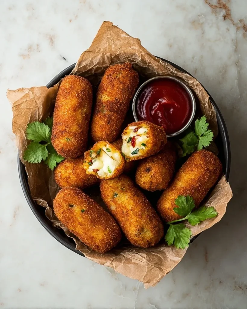Top-down view of a bowl filled with golden fried mashed potato croquettes, featuring one split open to reveal a creamy cheesy vegetable filling, garnished with cilantro and served with a side of red dipping sauce.