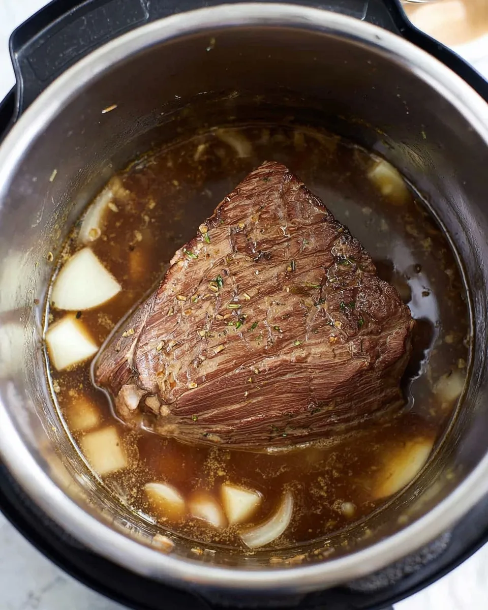 Top-down view of a seasoned beef chuck roast sitting in savory broth and onion wedges inside a slow cooker pot, ready to cook for French Dip sandwiches.