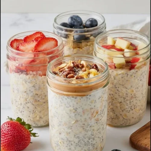 A collage of four healthy overnight oats recipe variations in mason jars featuring Strawberry PB&J, Chocolate Banana Nutella, Apple Pie, and Blueberry Lemon flavors. Text overlay reads "4 OVERNIGHT OATS YOU'LL ACTUALLY MAKE."