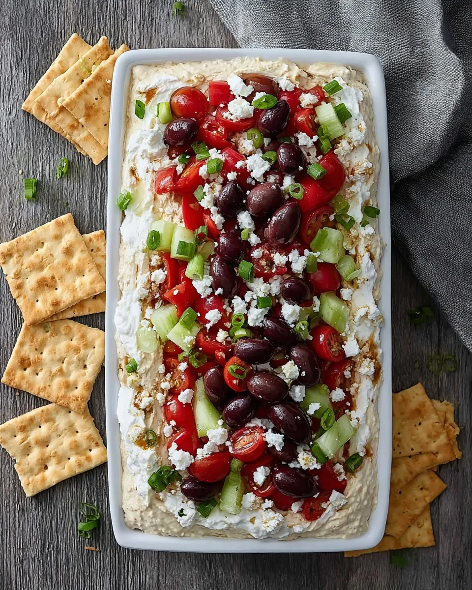 Layered Mediterranean Dip Top-down view of a rectangular platter filled with Layered Mediterranean Dip, garnished with tomatoes, cucumbers, olives, and feta, served with crackers on a dark wooden table.
