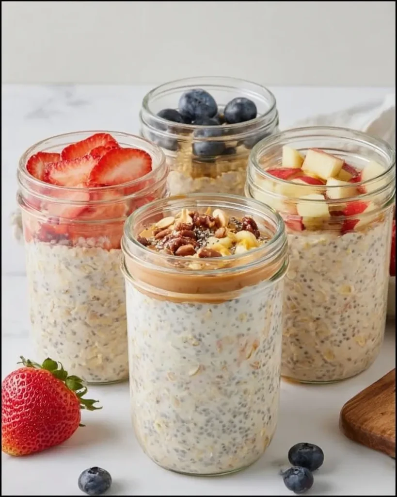 A collage of four healthy overnight oats recipe variations in mason jars featuring Strawberry PB&J, Chocolate Banana Nutella, Apple Pie, and Blueberry Lemon flavors. Text overlay reads "4 OVERNIGHT OATS YOU'LL ACTUALLY MAKE."