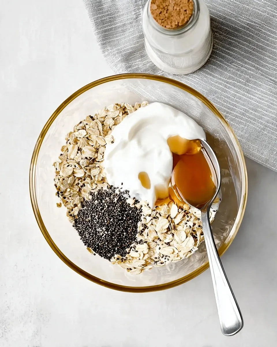 a glass bowl containing the dry ingredients for overnight oats An overhead shot of a glass bowl containing the dry ingredients for overnight oats: rolled oats, black chia seeds, a dollop of white Greek yogurt, and a spoon holding a drizzle of amber maple syrup or honey.