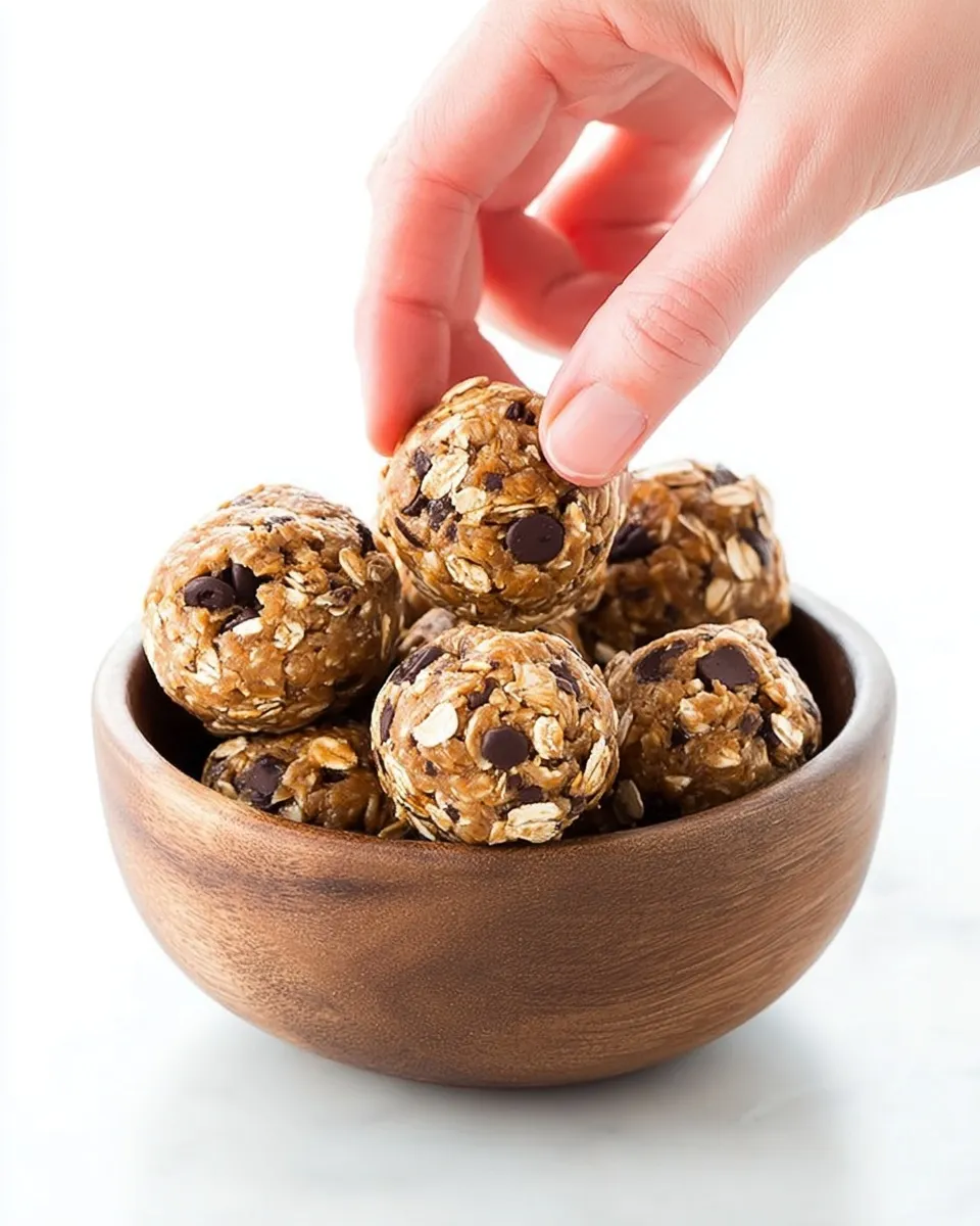 Close-up of a hand picking up a no-bake energy bite packed with oats and chocolate chips from a small wooden bowl against a bright white background.