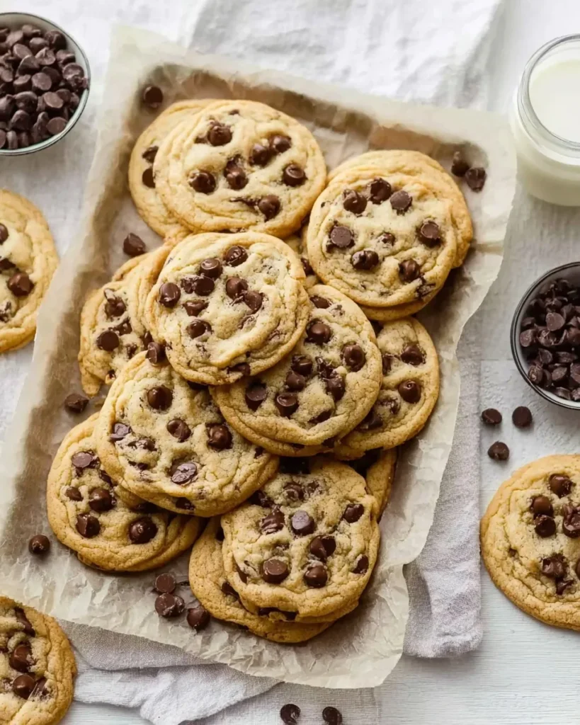 Overhead view of a stack of golden brown small batch chocolate chip cookies resting on parchment paper, surrounded by scattered chocolate chips and a glass of milk in the corner
