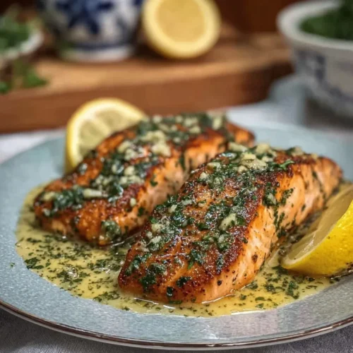 Two pan-seared salmon fillets with a crispy golden-brown crust resting on a blue plate, topped generously with minced garlic, fresh parsley, and a glossy lemon butter sauce. A fresh lemon wedge sits on the side with a blue and white ceramic jar in the background.