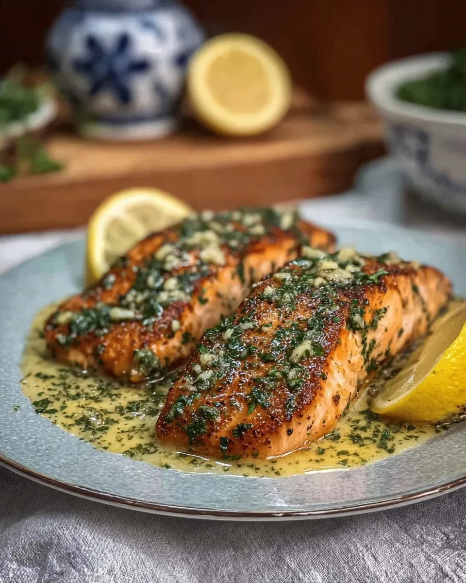 Two pan-seared salmon fillets with a crispy golden-brown crust resting on a blue plate, topped generously with minced garlic, fresh parsley, and a glossy lemon butter sauce. A fresh lemon wedge sits on the side with a blue and white ceramic jar in the background.