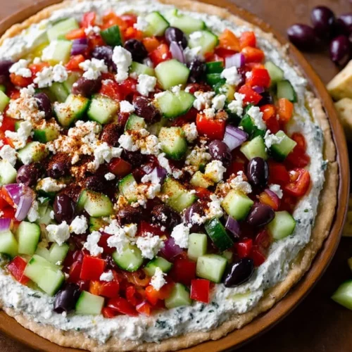 Close-up overhead view of a finished layered Mediterranean dip topped with diced cucumbers, red peppers, red onions, kalamata olives, crumbled feta cheese, and a dusting of paprika.