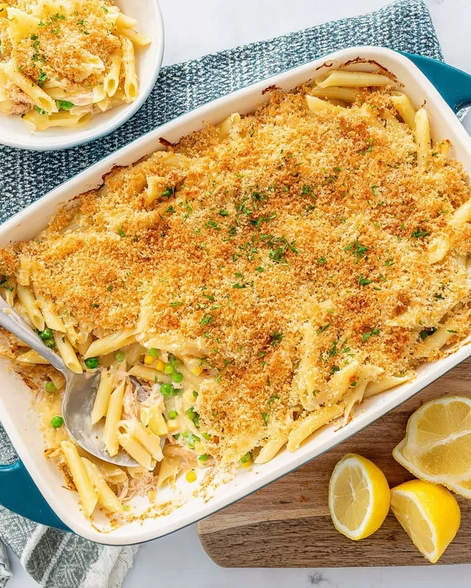 Overhead shot of a golden creamy tuna pasta bake in a white rectangular casserole dish with a silver spoon scooping out a portion to reveal the creamy sauce, penne pasta, peas, and corn underneath.