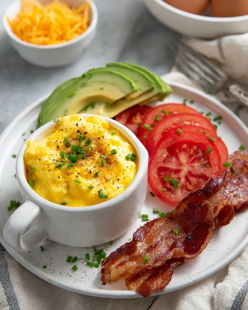 Plated microwave scrambled eggs Plated microwave scrambled eggs in a white mug served with crispy bacon, sliced tomatoes, and fanned avocado slices.