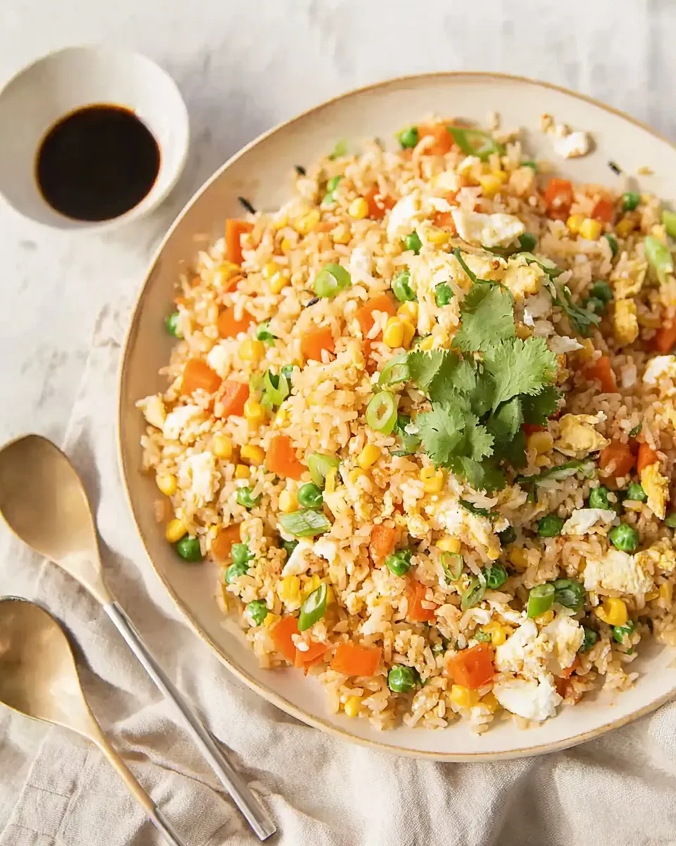 homemade vegetable fried Based on the image 1 (1)_result.webp and the SEO content we've developed, here are the optimized image attributes.
Alt Text
Overhead view of homemade vegetable fried rice on a beige plate, featuring golden day-old rice grains, peas, carrots, corn, and scrambled eggs, garnished with fresh cilantro and served with a side of soy sauce.