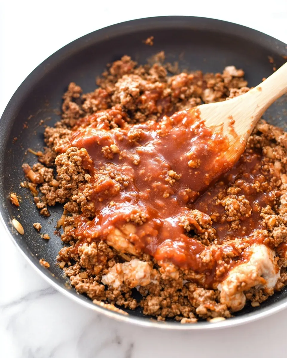 Mixing taco sauce into browned ground beef in a black skillet with a wooden spoon to create the taco meat pizza topping.