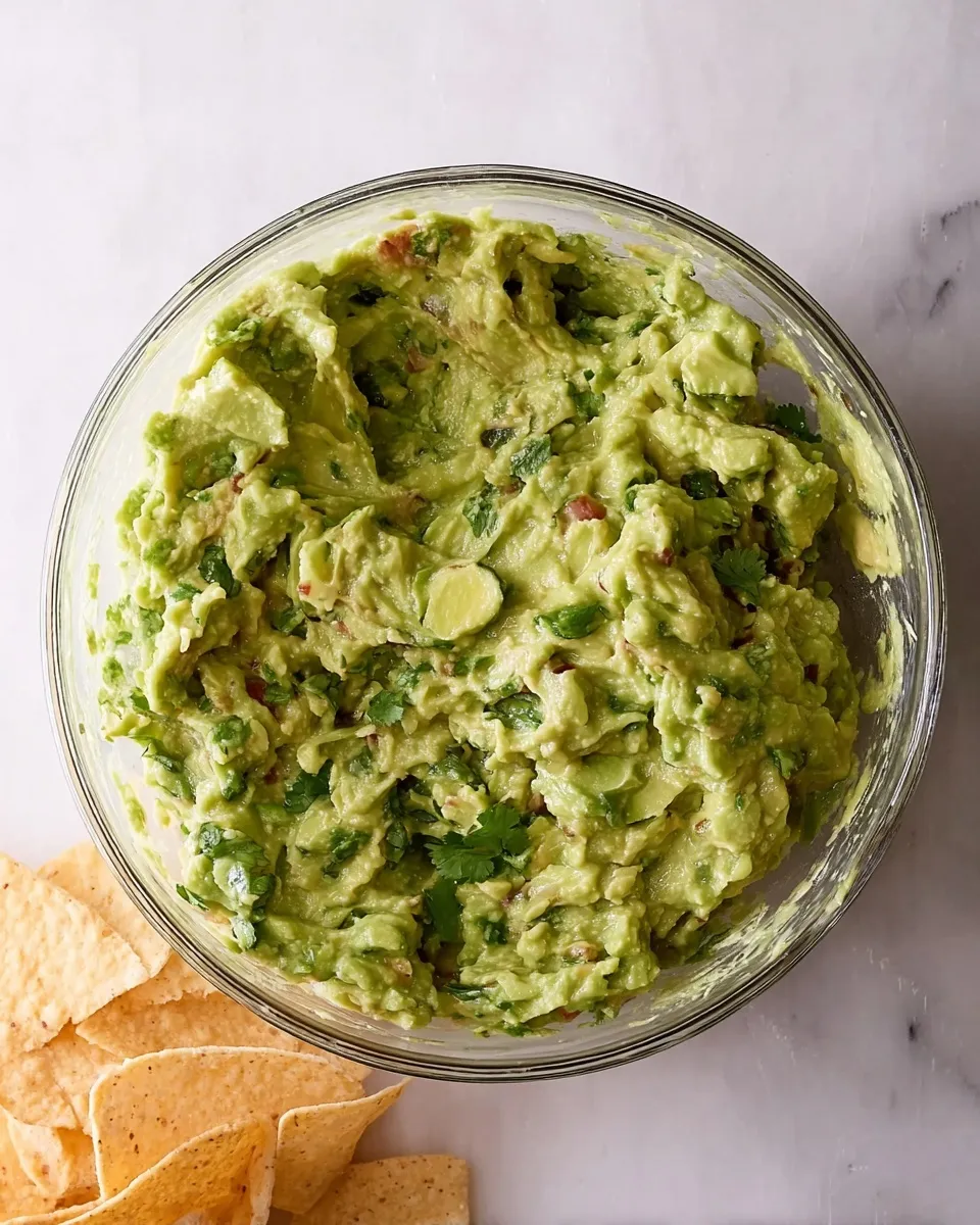 guacamole in the glass bowl Top-down view of a clear glass bowl filled with chunky, fresh homemade guacamole garnished with cilantro, sitting on a marble surface next to crispy tortilla chips.