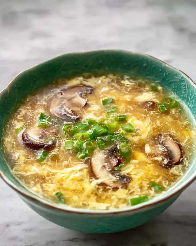 Close-up angled view of a teal bowl filled with hot emergency egg drop soup, featuring delicate egg ribbons, sliced shiitake mushrooms, and a pile of fresh scallions.