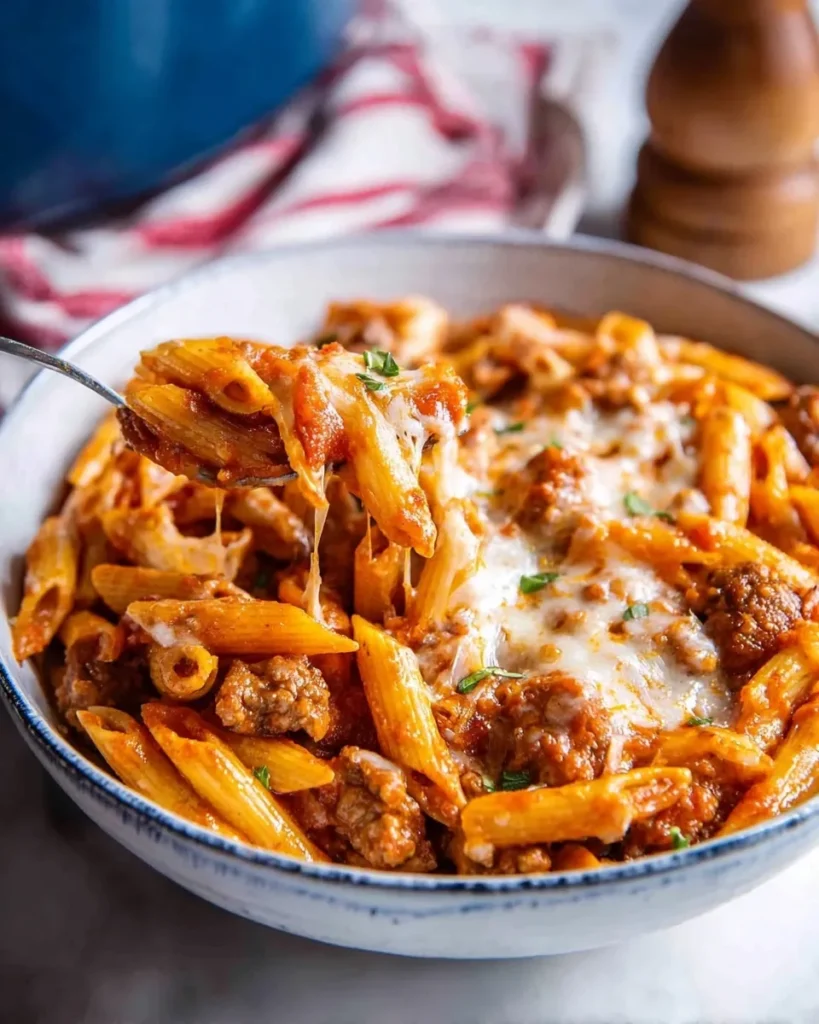 Close-up of creamy One-Pot Pasta with Sausage for Two in a bowl, featuring a spoonful of cheesy penne pasta with meat sauce being lifted to show a cheese pull, garnished with fresh herbs.