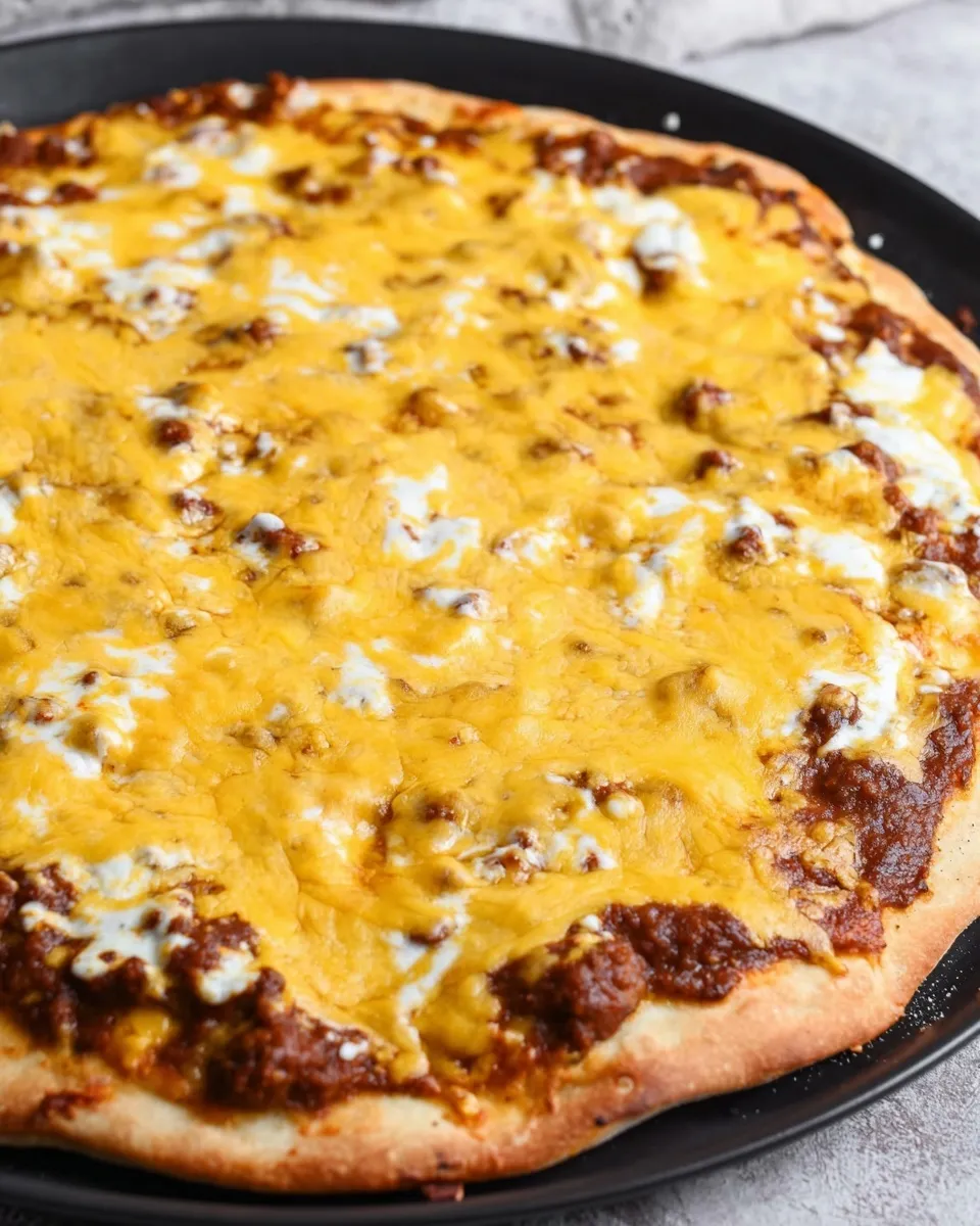 Freshly baked taco pizza base featuring savory taco meat pizza topping covered in bubbling melted cheddar and jack cheese.