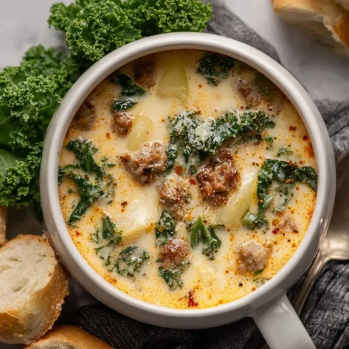 Top-down view of a white bowl filled with creamy Slow Cooker Zuppa Toscana soup featuring Italian sausage, tender potatoes, and kale, garnished with red pepper flakes and served with slices of crusty baguette.