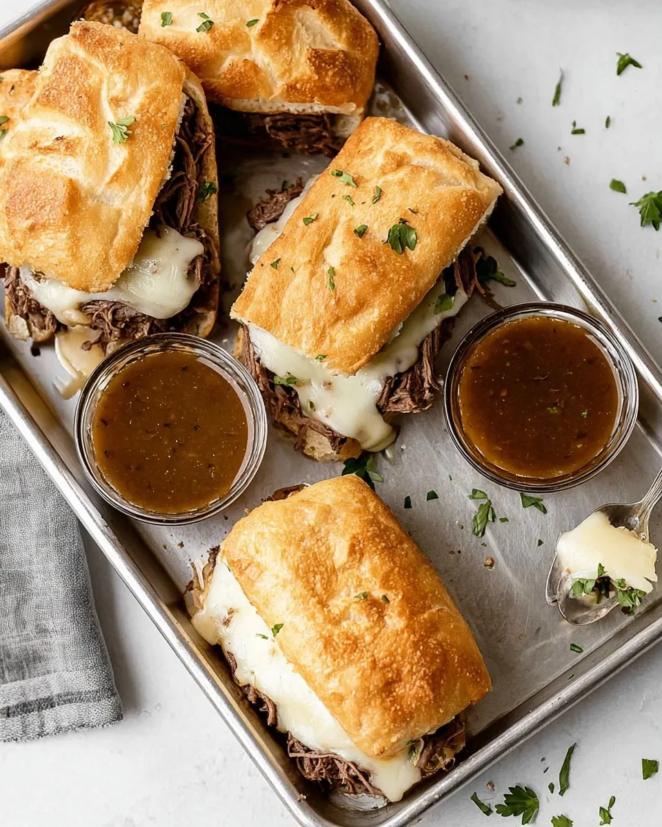 Top-down view of four Slow Cooker French Dip Sandwiches arranged on a metal baking sheet lined with parchment paper. The sandwiches feature crusty rolls, shredded beef, and melted cheese, garnished with fresh parsley, and are served with two glass bowls of au jus dipping sauce.
