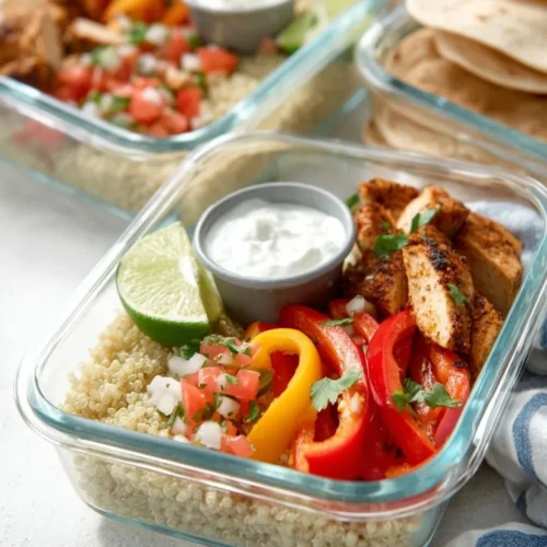 Close-up side view of a glass meal prep container filled with quinoa, seasoned chicken fajita strips, red and yellow bell peppers, fresh pico de gallo, a lime wedge, and a small metal condiment cup of sour cream.