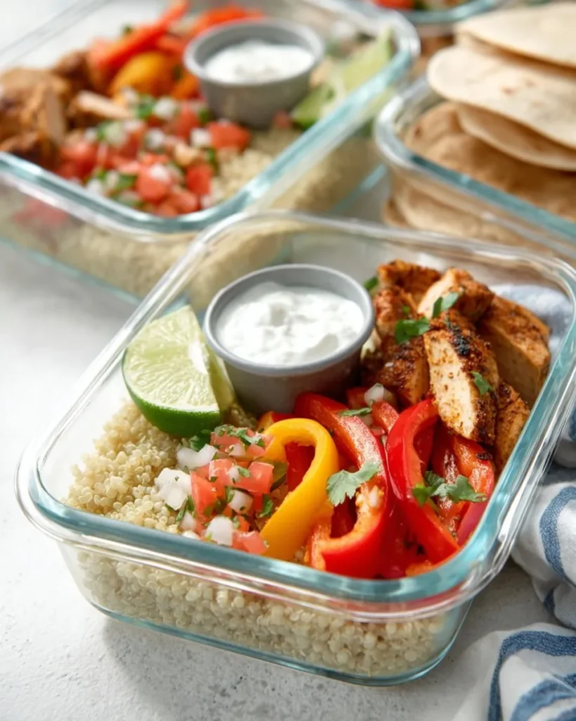 Close-up side view of a glass meal prep container filled with quinoa, seasoned chicken fajita strips, red and yellow bell peppers, fresh pico de gallo, a lime wedge, and a small metal condiment cup of sour cream.