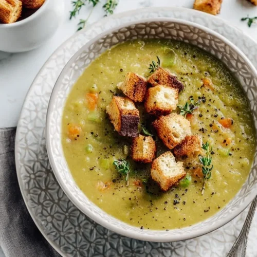 Overhead view of a textured bowl filled with thick split pea soup, garnished with crispy golden croutons, fresh thyme sprigs, and cracked black pepper on a white marble surface.
