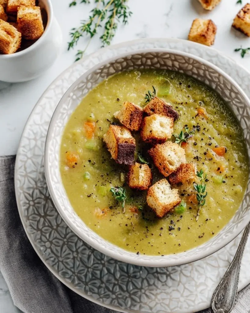Overhead view of a textured bowl filled with thick split pea soup, garnished with crispy golden croutons, fresh thyme sprigs, and cracked black pepper on a white marble surface.