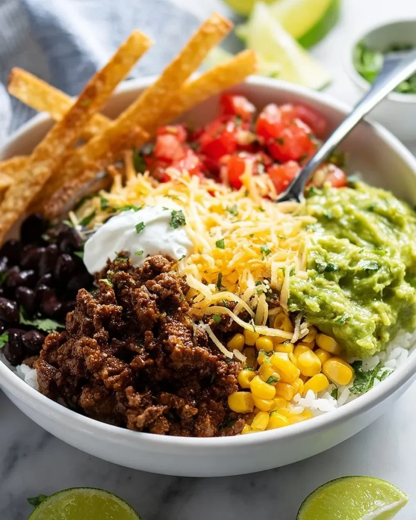 A close-up, high-angle shot of a white bowl filled with a colorful bean and rice burrito bowl, featuring sections of seasoned ground beef, black beans, corn, diced tomatoes, shredded cheese, guacamole, sour cream, and crispy tortilla strips.