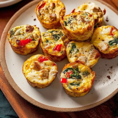 A close-up, high-angle view of a ceramic plate piled with golden-brown high-protein egg muffin cups. The muffins feature visible chunks of chicken sausage, red bell peppers, and spinach.