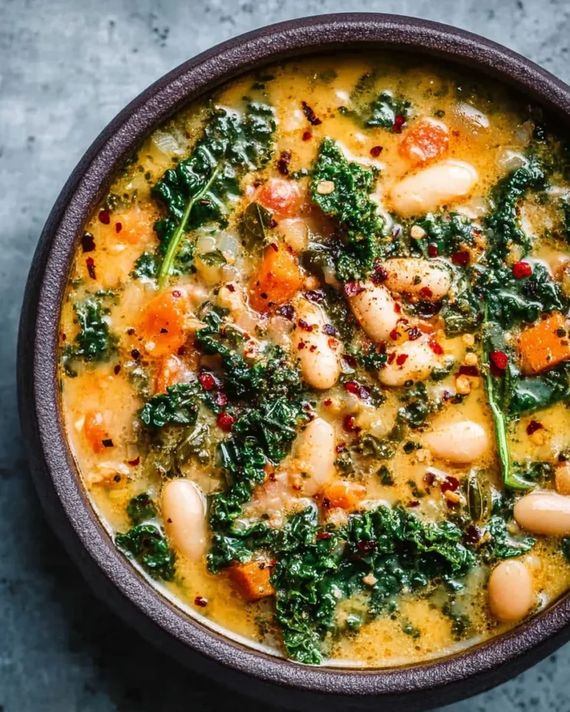 Top-down close-up view of a rustic dark bowl filled with creamy Tuscan white bean and kale soup. The soup features tender cannellini beans, vibrant green kale leaves, and diced carrots in a rich, golden broth, garnished with crushed red pepper flakes.